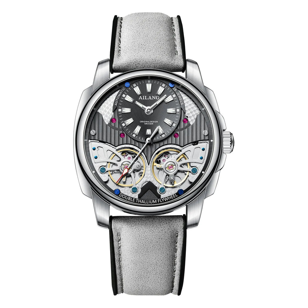 Automatic double tourbillon men's watch with silver case, black dial, and gray belt