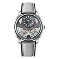 Automatic double tourbillon men's watch with silver case, black dial, and gray belt