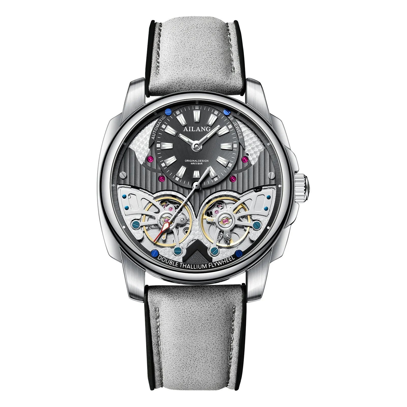 Automatic double tourbillon men's watch with silver case, black dial, and gray belt