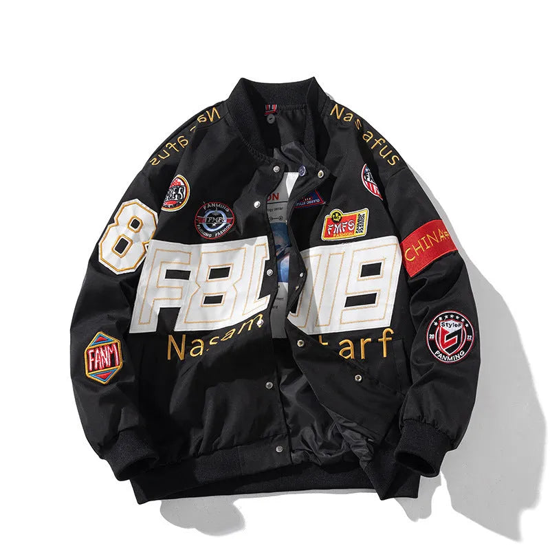 American motorcycle baseball uniform in black, blue, or red with removable hood and side pocket