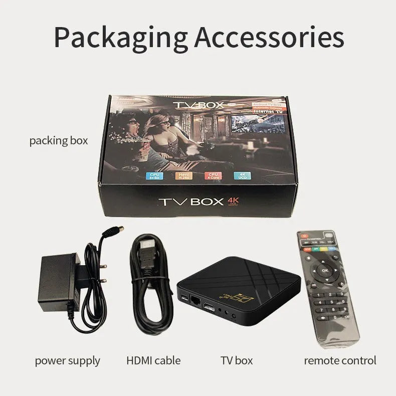 Android set-top box 4K TV box with dual-band WiFi, compact 110mm design, and HDMI output