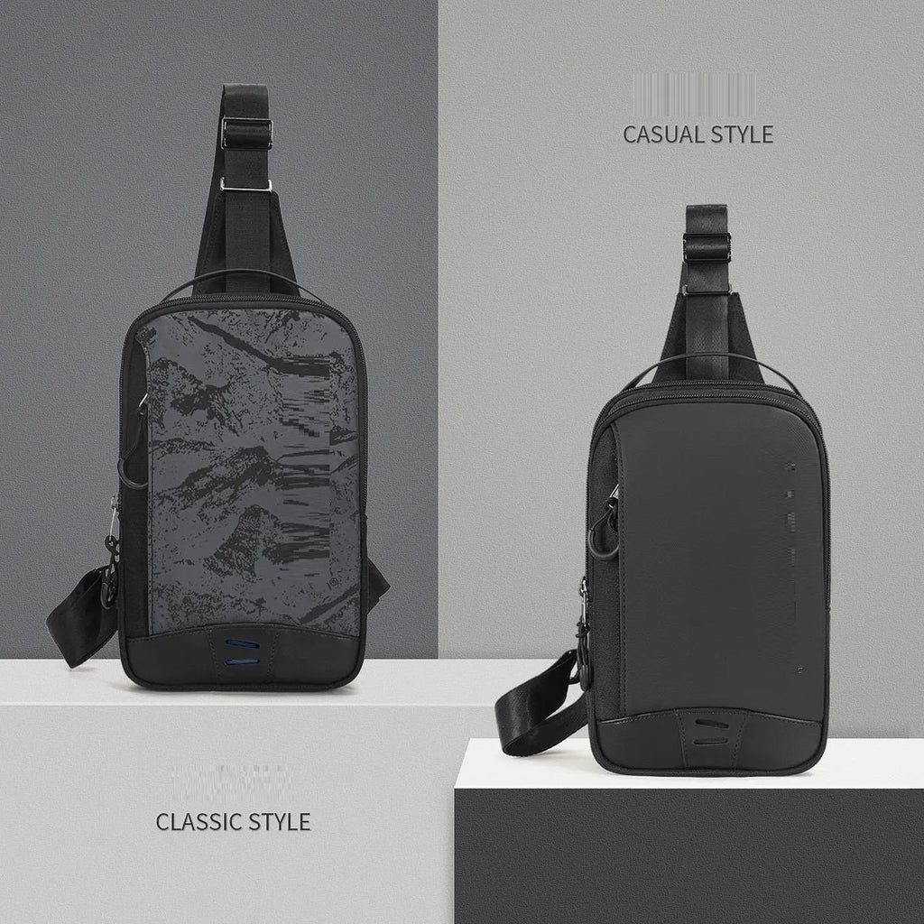 Casual black waterproof chest bag with camouflage pattern, single shoulder strap and soft handle