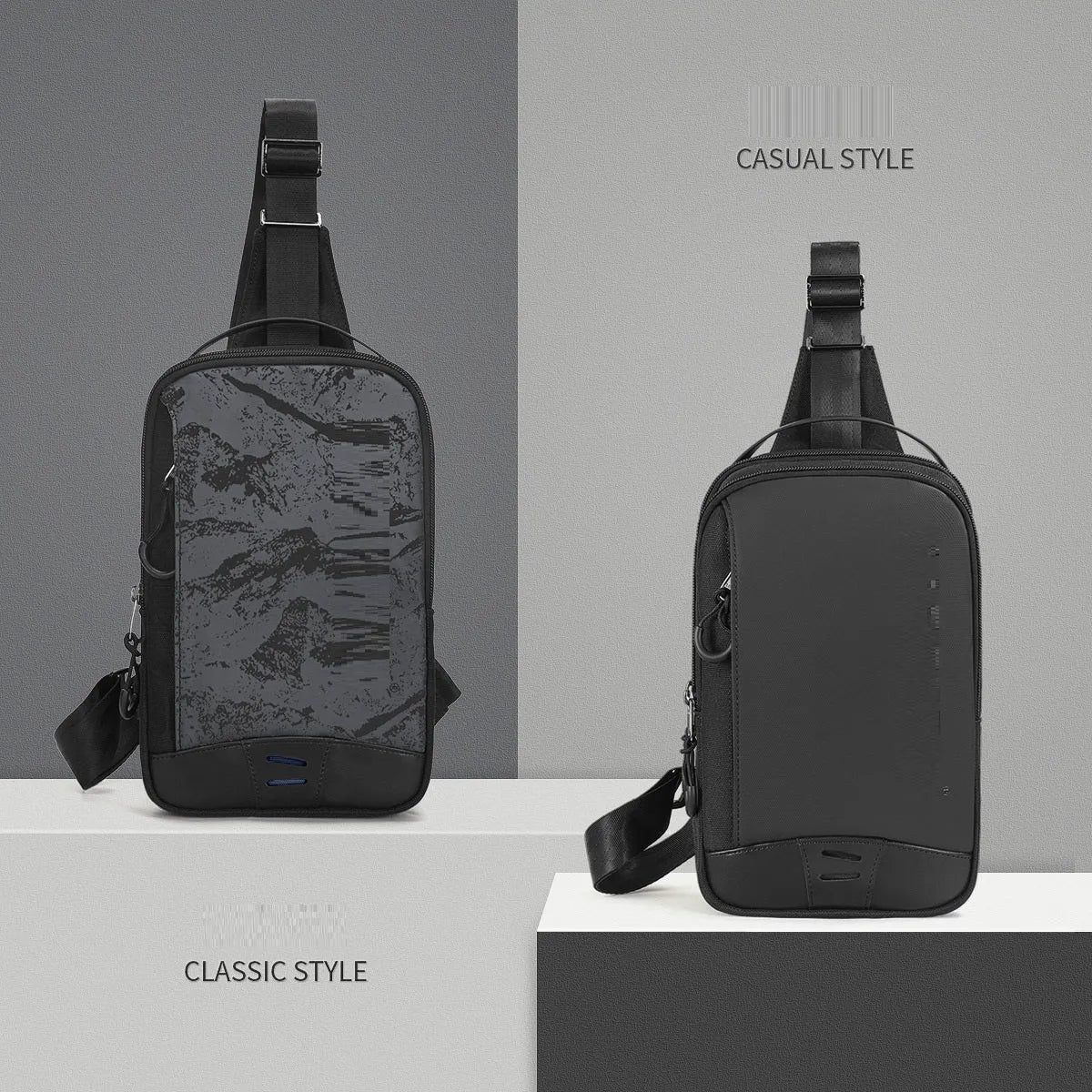 Casual black waterproof chest bag with camouflage pattern, single shoulder strap and soft handle