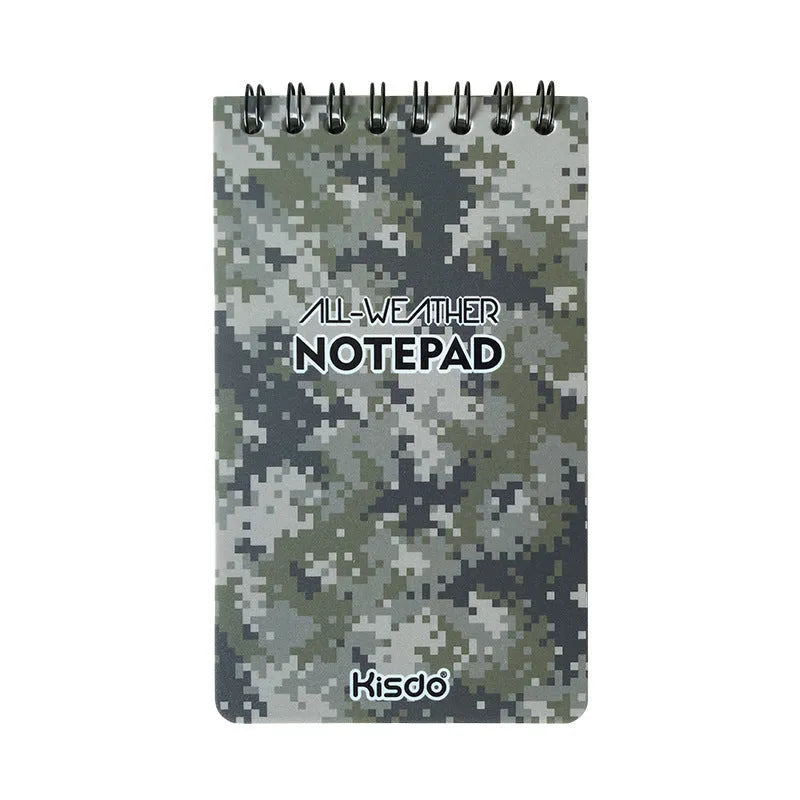 Waterproof spiral-bound notepad with polypropylene cover and stone paper pages in camouflage design