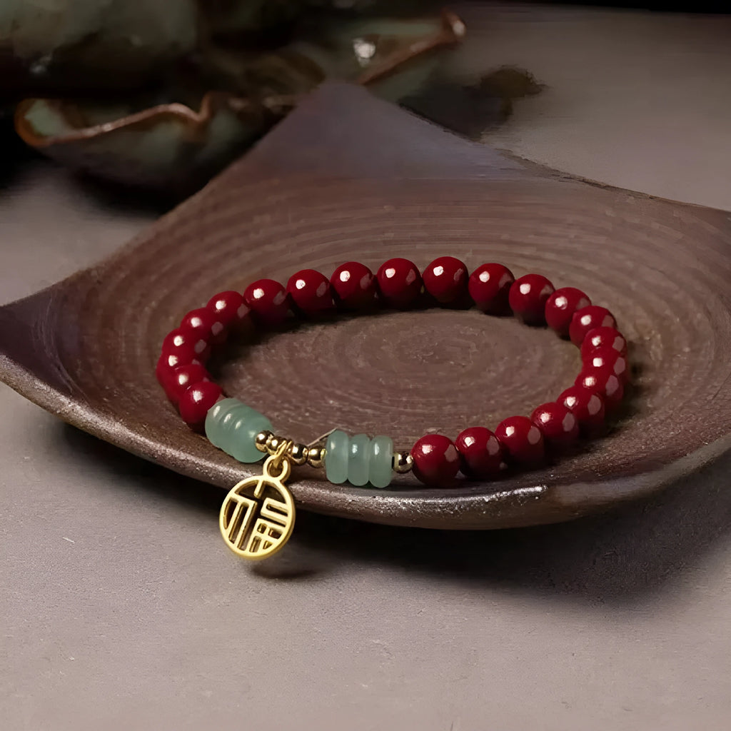Handmade wave-shaped cinnabar and copper bead bracelet in national style.