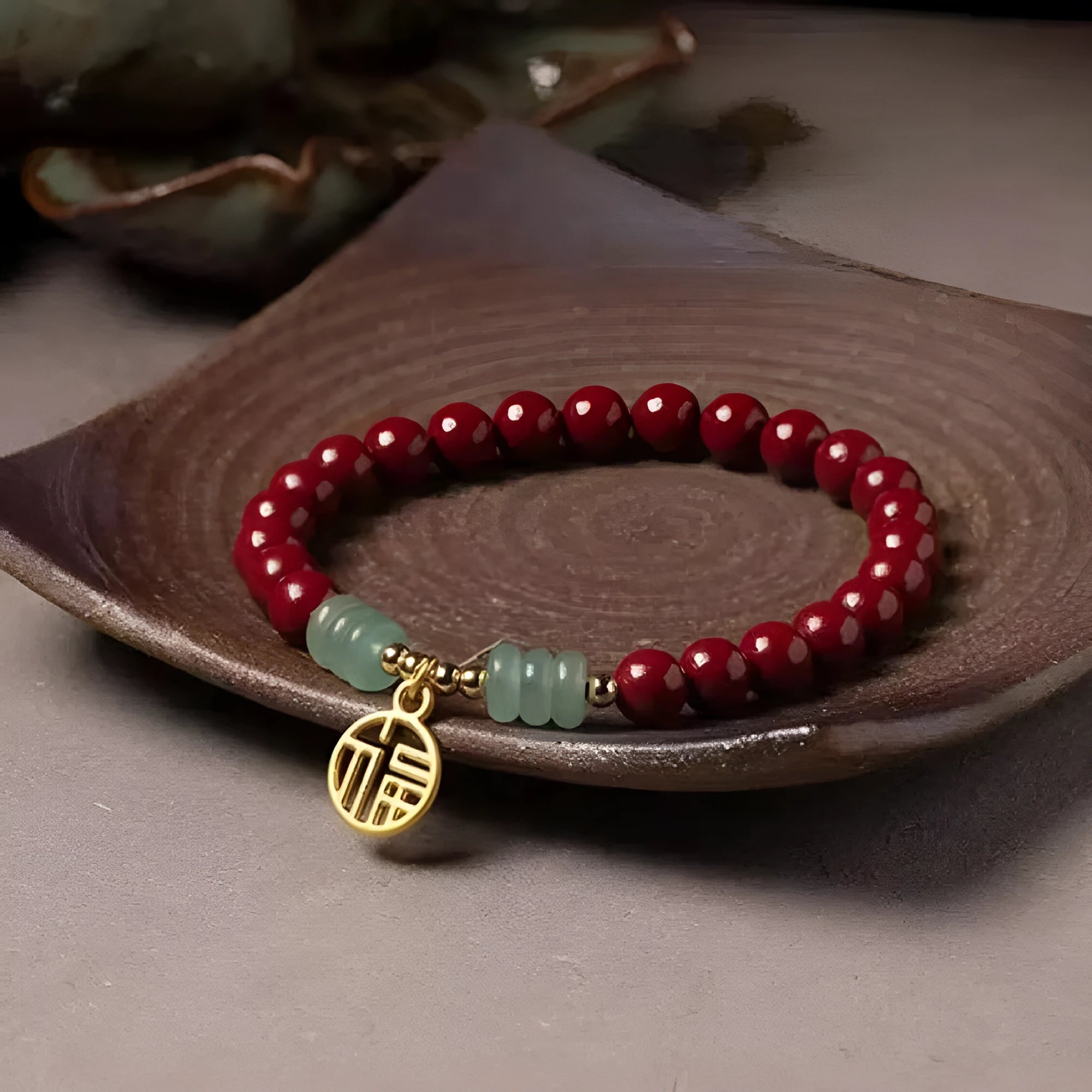 Handmade wave-shaped cinnabar and copper bead bracelet in national style.
