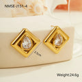 Gold geometric stud earrings with water drop zircon inlaid detail on stainless steel