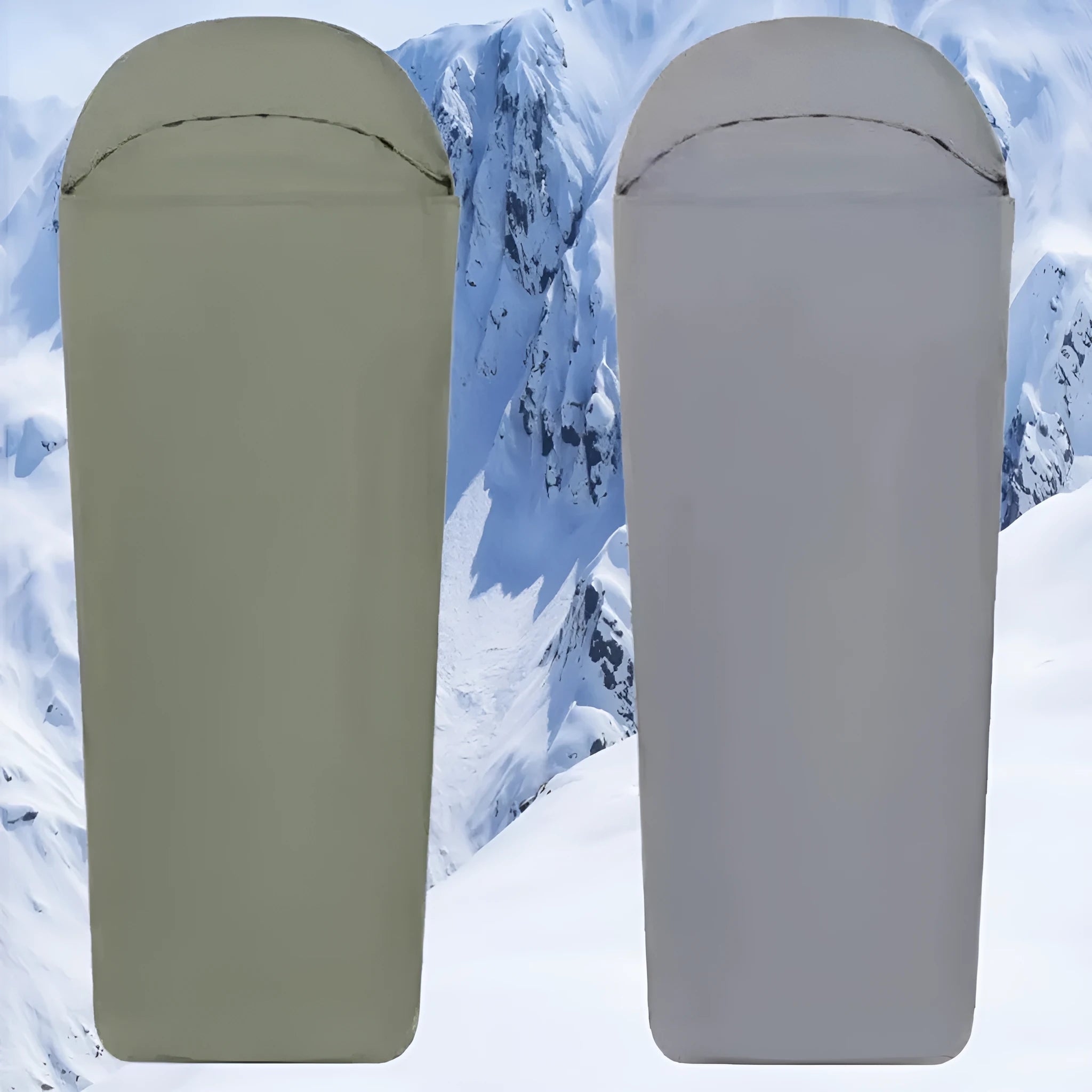 Blue and green adult mummy type nylon camping sleeping bag laid flat, showing dimensions.