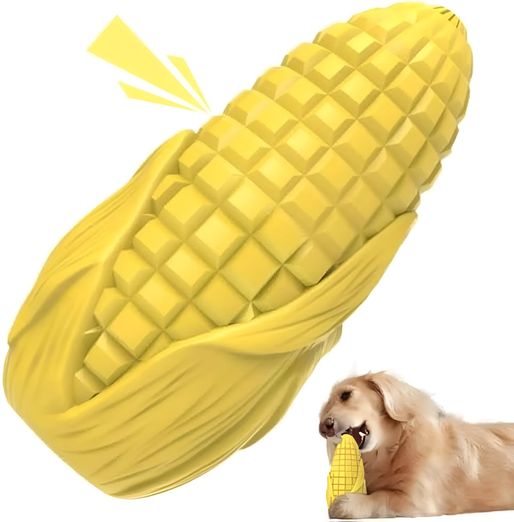 Blue and yellow corn stick dog chew toy with textured surface for aggressive chewers