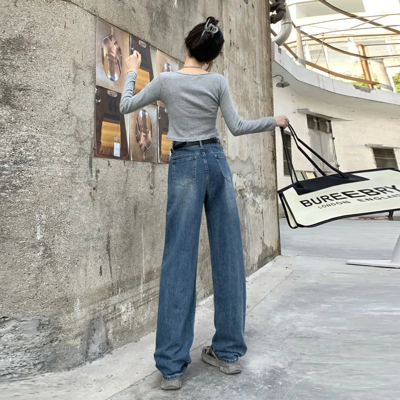 Women's straight leg jeans in retro blue cotton denim with high waist design