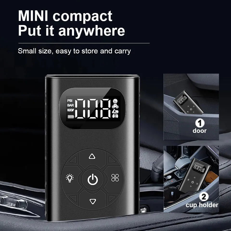 Black portable tyre inflator with digital display and 16cm inflatable tube for car motorcycle bicycle