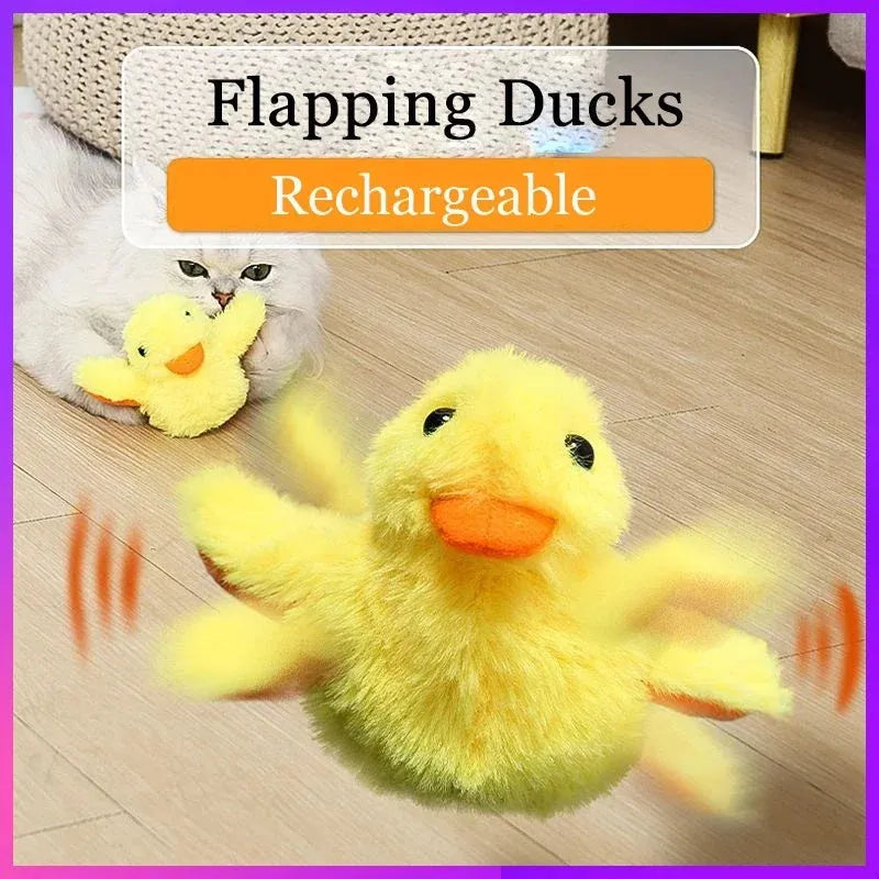 Yellow flapping duck interactive cat plush toy with USB charging cable on a neutral background.