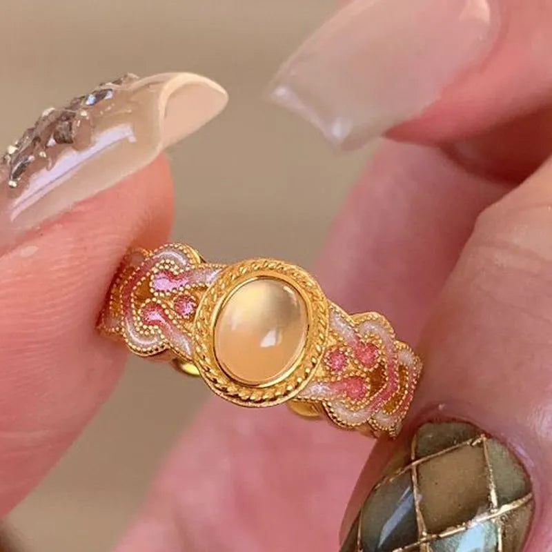 Pink crystal enamel geometric open ring for women on gold plated copper band