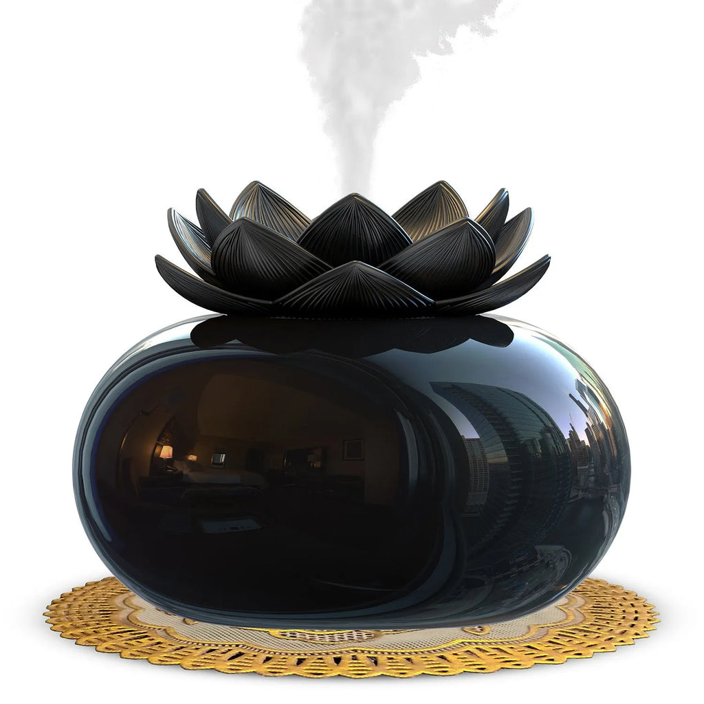 Pure black lotus-shaped ultrasonic humidifier with USB cable and single mist outlet