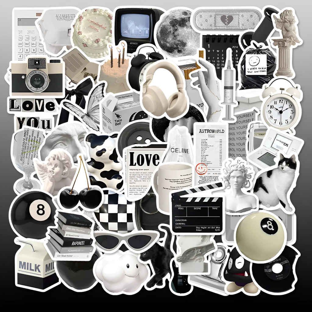 61-piece black and white PVC waterproof stickers for laptops and coffee cup painting