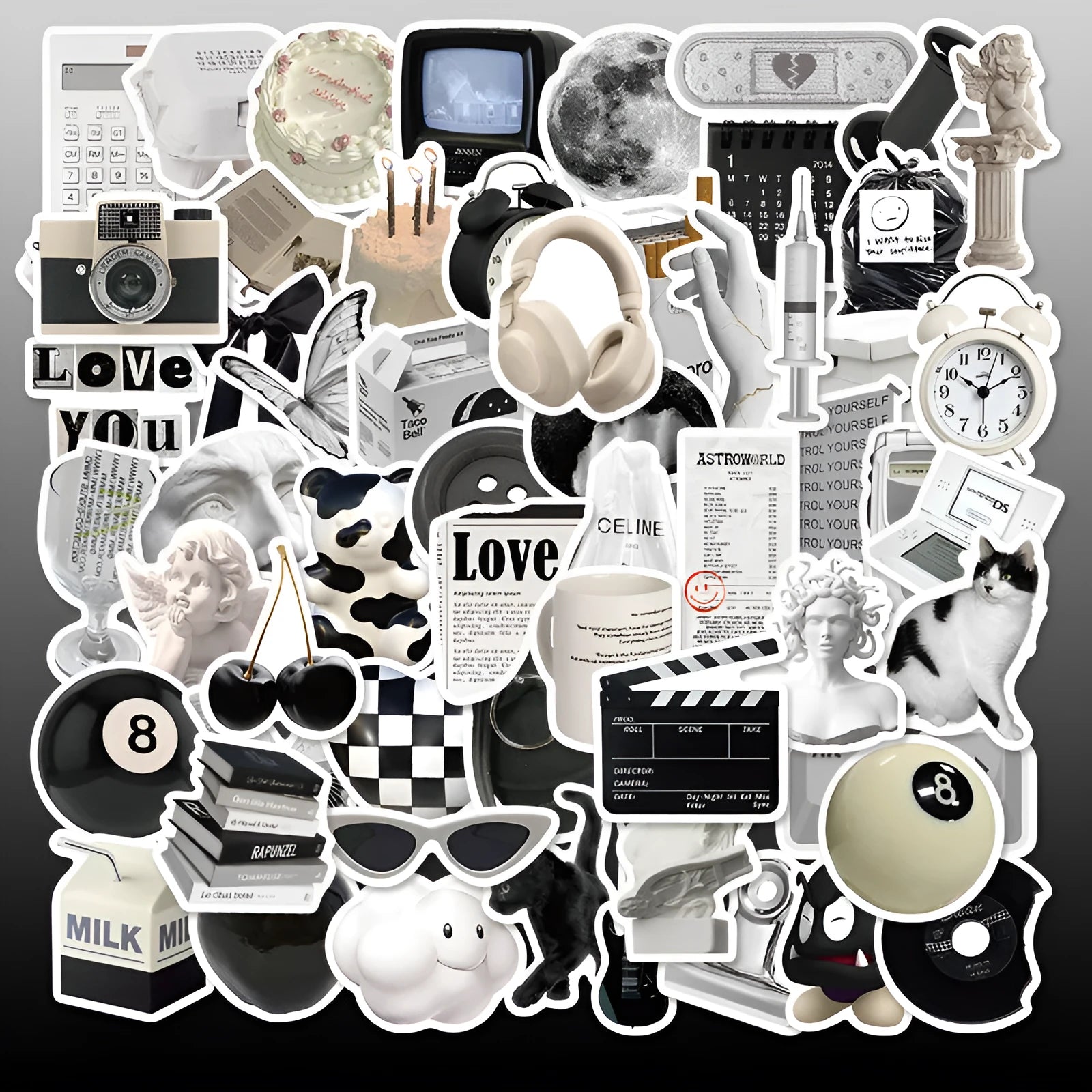 61-piece black and white PVC waterproof stickers for laptops and coffee cup painting