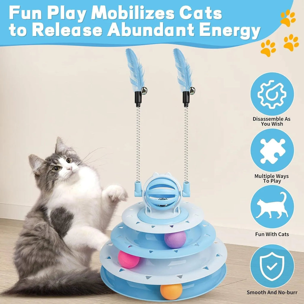Interactive 4-tier cat puzzle toy with rotating carousel, 6 balls, and teasing rods in blue, green, or pink colours