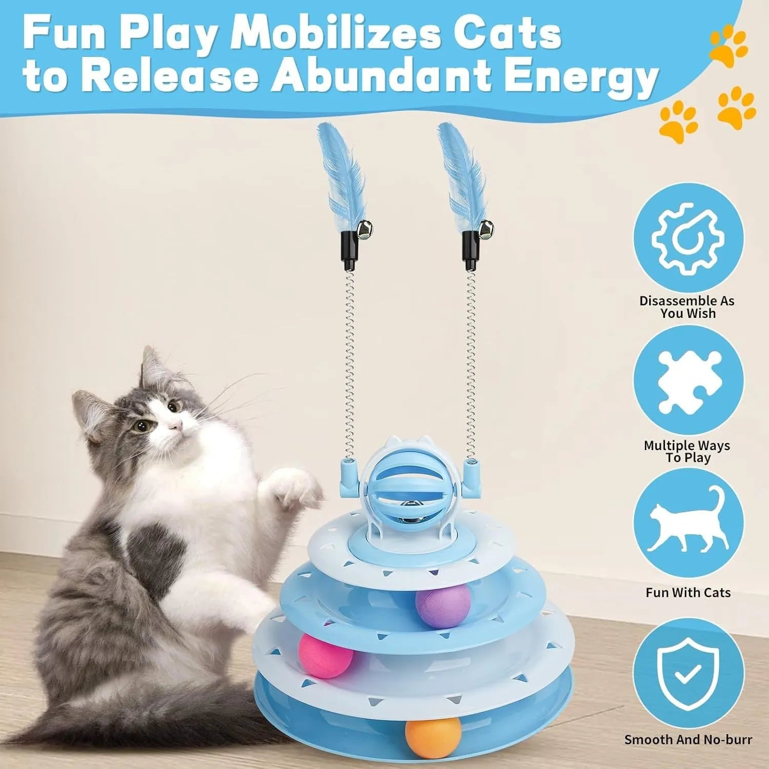 Interactive 4-tier cat puzzle toy with rotating carousel, 6 balls, and teasing rods in blue, green, or pink colours