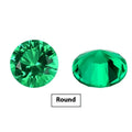 Cultivated emerald synthetic gemstone in Columbia green treasure colour showing round and grandmother cut options