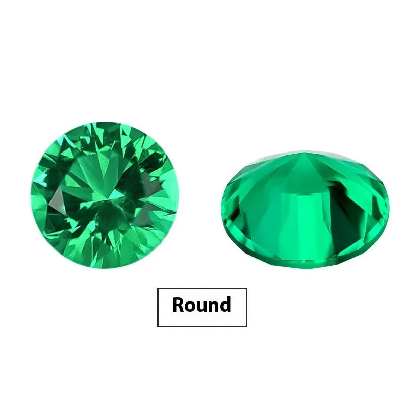 Cultivated emerald synthetic gemstone in Columbia green treasure colour showing round and grandmother cut options