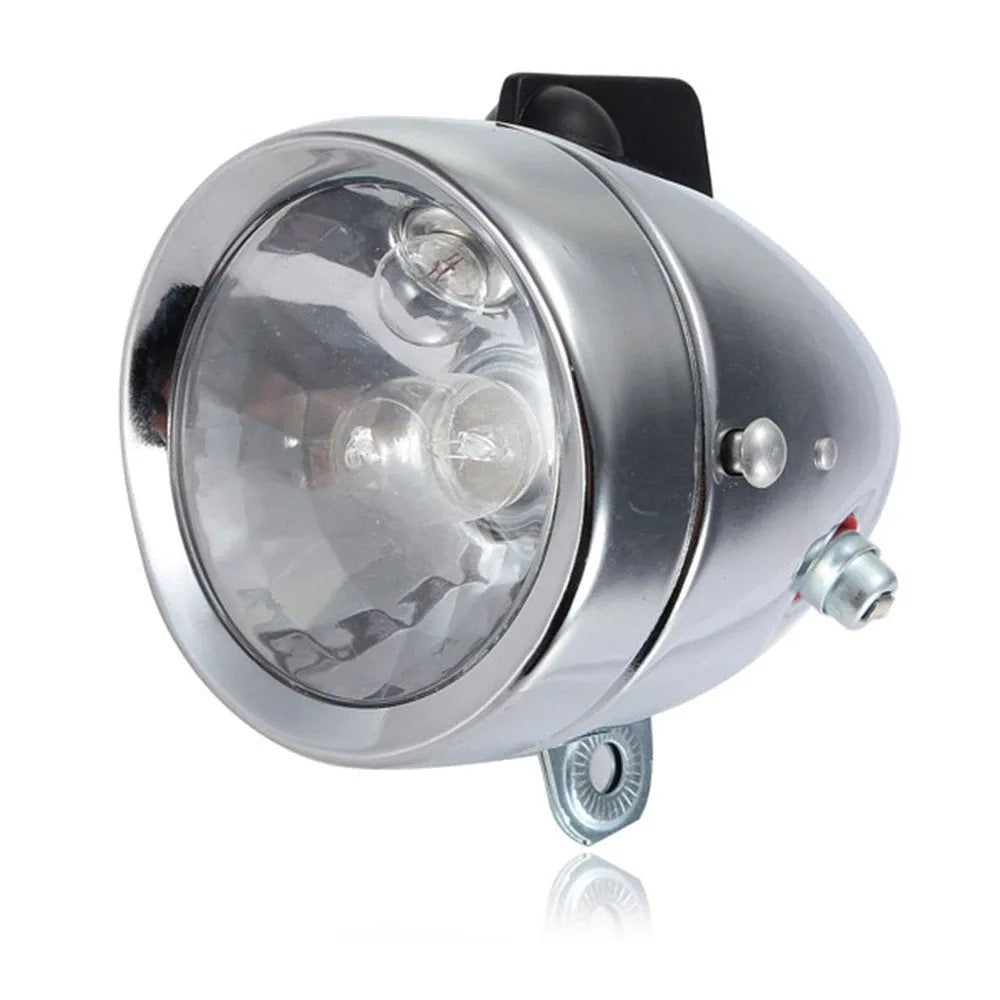 Silver bicycle dynamo light kit for front fork mounting with friction generator