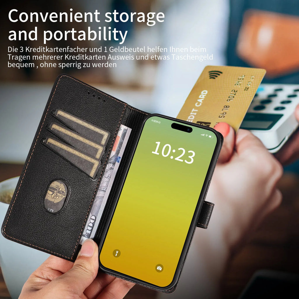 Samsung flip phone case in black with anti-theft swiping card holder and magnetic closure