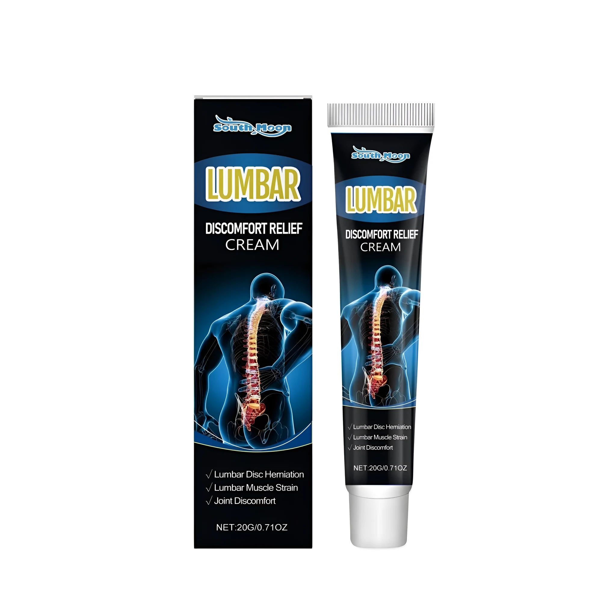 Small tube of lumbar joint relief cream with active ingredients mint, menthol, camphor, and tea tree oil