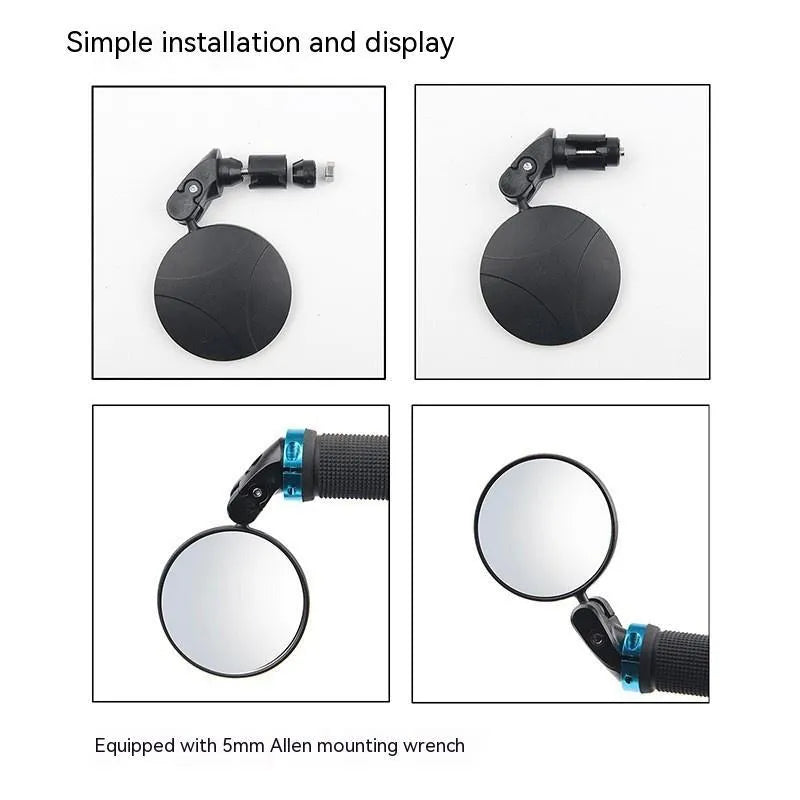 Black ABS convex rearview mirror showing 14cm length and 7cm diameter with rotation adjustment