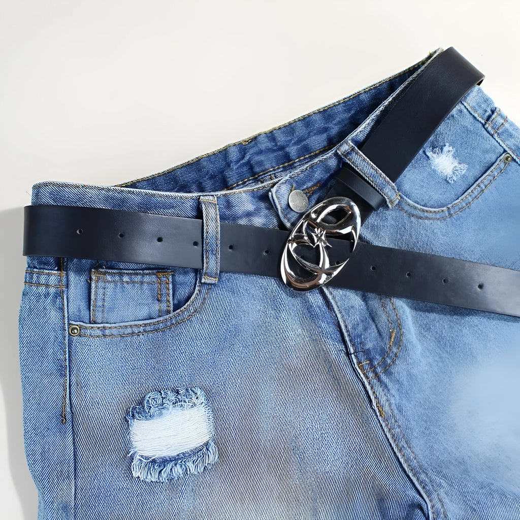 Silver buckle PU leather casual belt showing 105cm length and snap button fastening