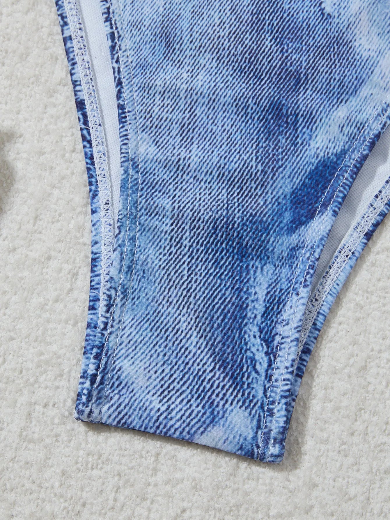 Women's denim blue printed bikini set with adjustable straps shown front and back