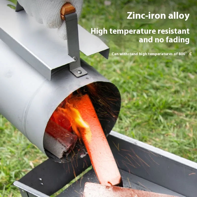 Outdoor barbecue charcoal fire starter in carbon barrel style with zinc-iron alloy construction