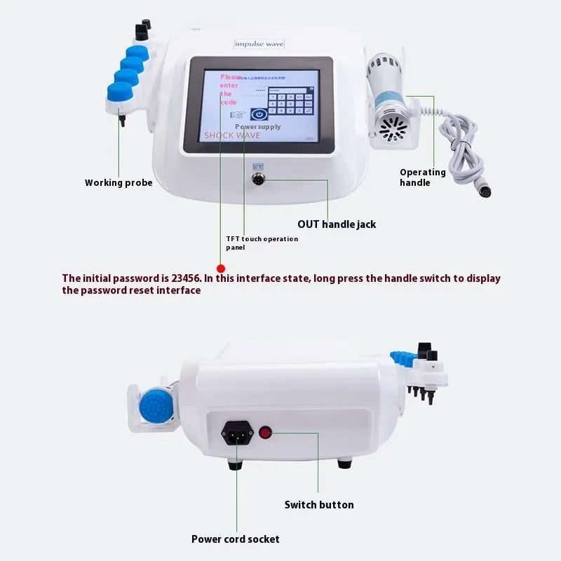Handheld electromagnetic extracorporeal shock wave physiotherapy instrument with remote control.