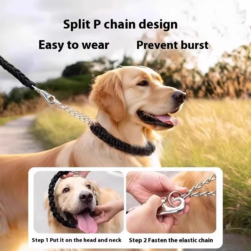 Nylon dog rope collar P chain set in black 1.2m length on surface with traction rope