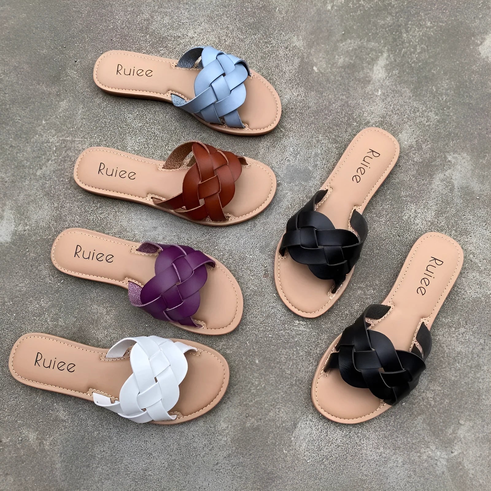 Women's flat slippers suede PU upper rubber sole casual open toe summer black