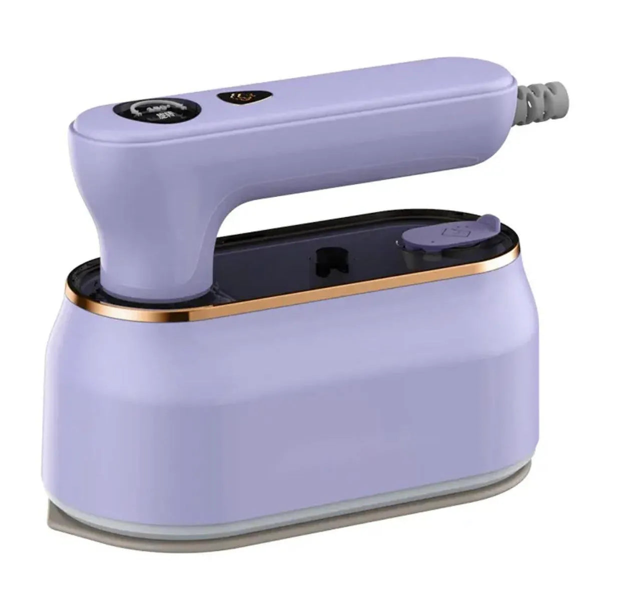 Foldable light purple travel steam iron with ceramic soleplate and international plug adapters.