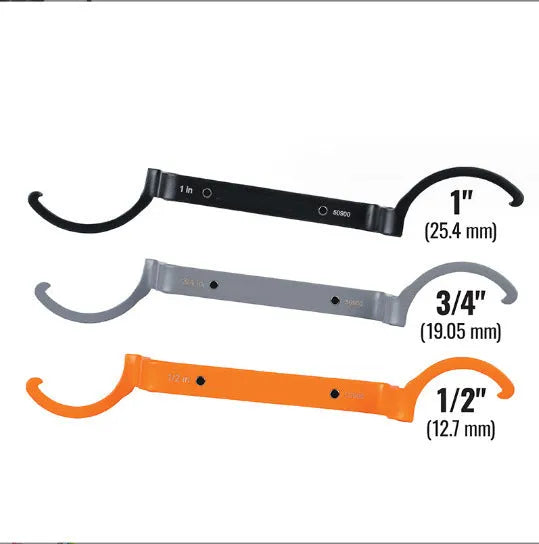Three crescent wrenches with magnetic suction and catheter locking in orange, grey, and black colours