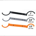 Three crescent wrenches with magnetic suction and catheter locking in orange, grey, and black colours