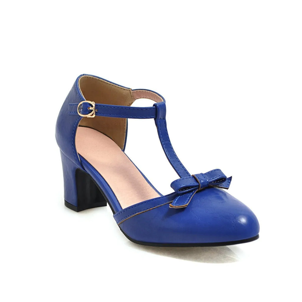 Women's chunky heel strap sandals with hollow-out round toe, bow tie detail and 6.5cm heel
