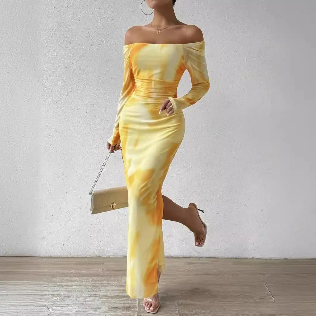 Long mesh fishtail evening dress with square collar and printed pleated gradient colour design