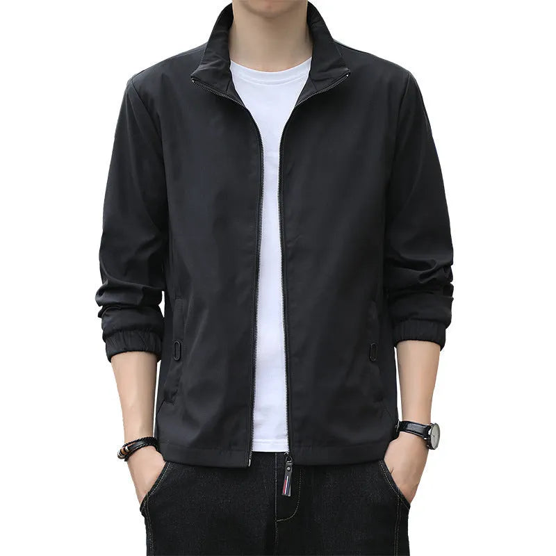 Men's Korean style loose lapel casual jacket in a lightweight fabric, shown in blue.