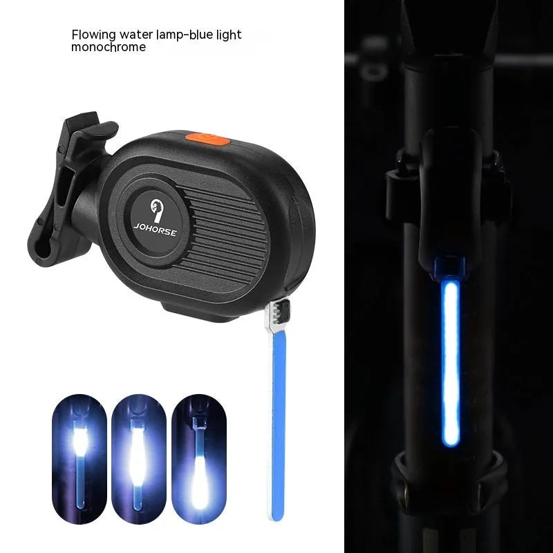 Bicycle running water taillight with COB LED showing waterfall effect in multiple colours