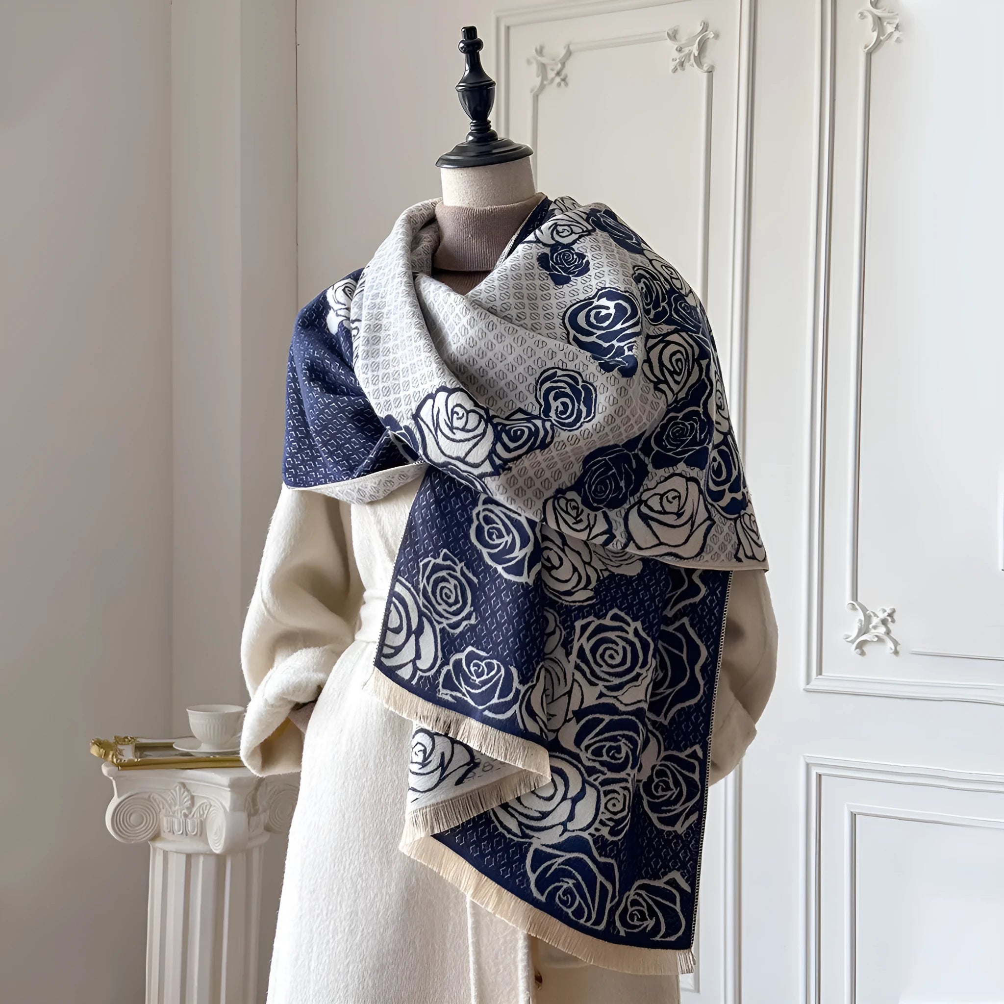 Imitation cashmere winter scarf with tassels in black blue grey or khaki colours