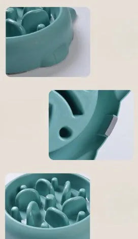 Green plastic slow feeder dog bowl with raised bone-shaped ridges inside.