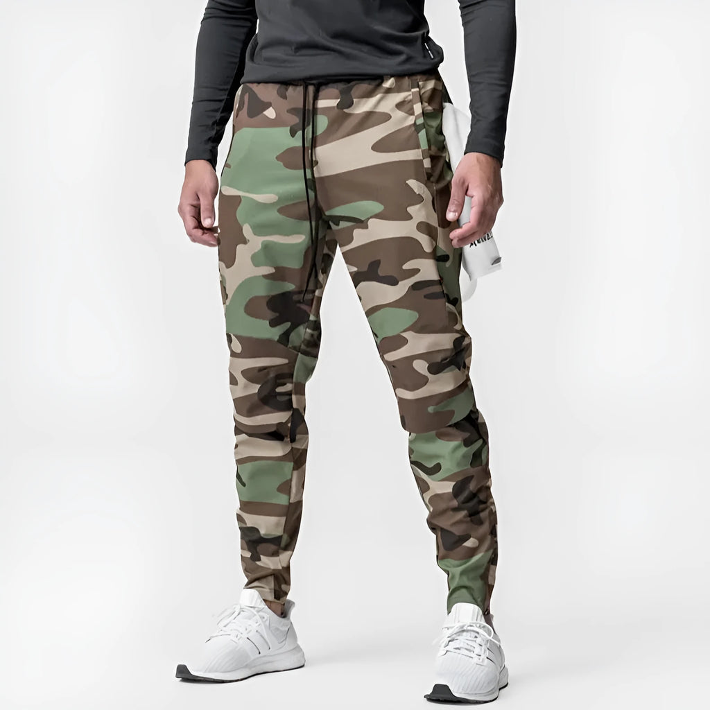 Men's loose-fit ankle-tied trousers in olive green, suitable for fitness and casual wear.