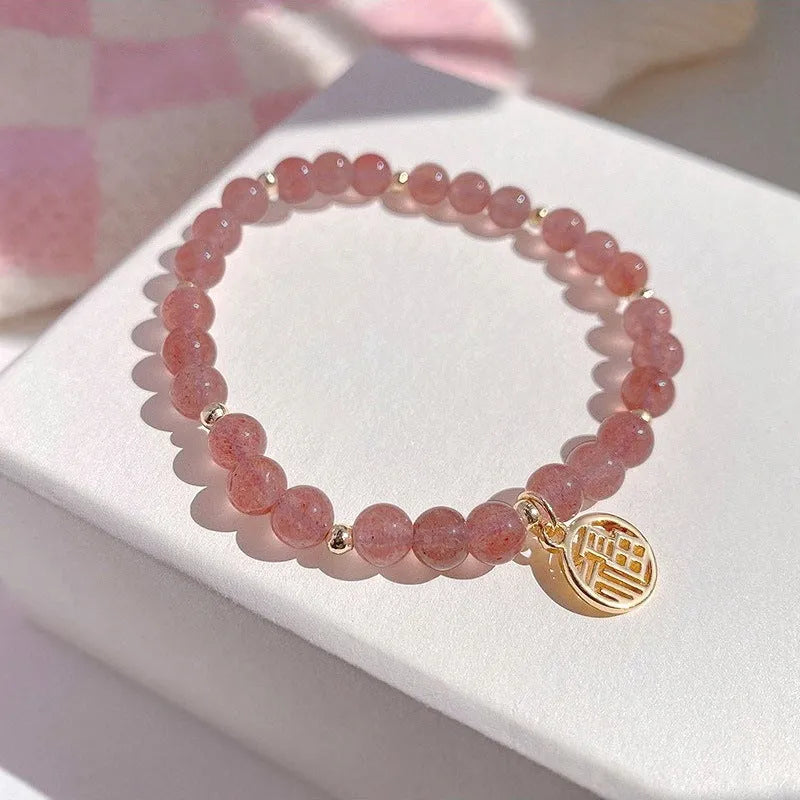 Strawberry quartz glass bead blessing card bracelet for women, New Chinese style, universal wrist size, manual crafted