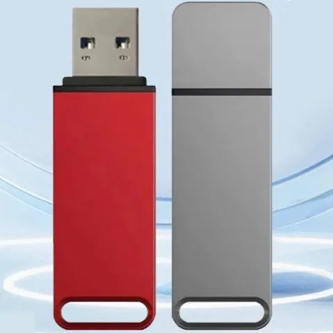 Black, red, and silver metal USB flash drive with custom graphics, showing capacity options from 1TB to 16TB.