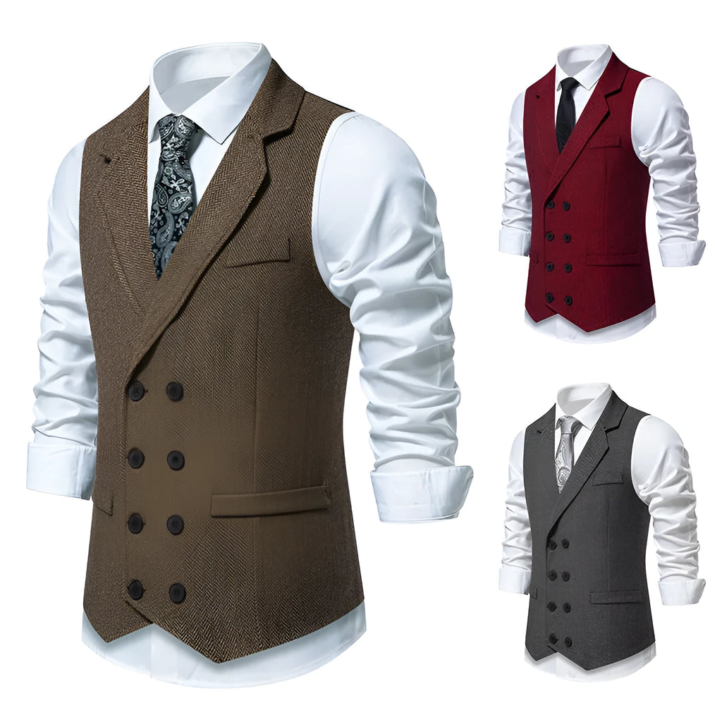 Men's herringbone tweed double breasted slim fit suit vest in dark gray