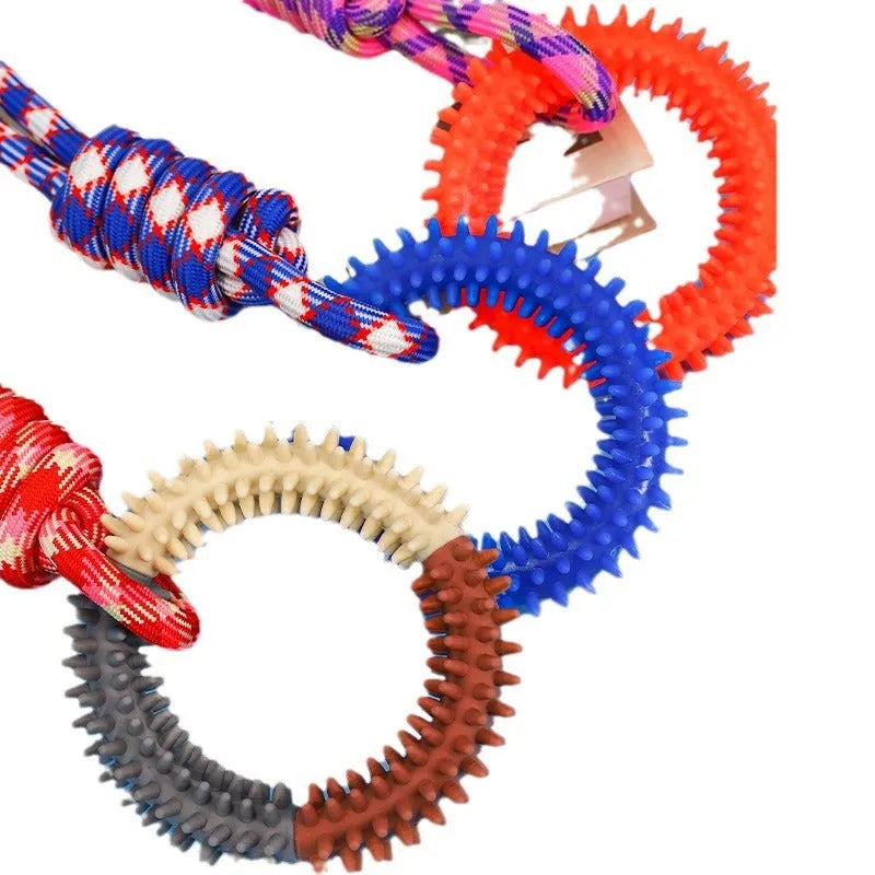 Blue braided rope dog toy with knots, showing length of 43cm