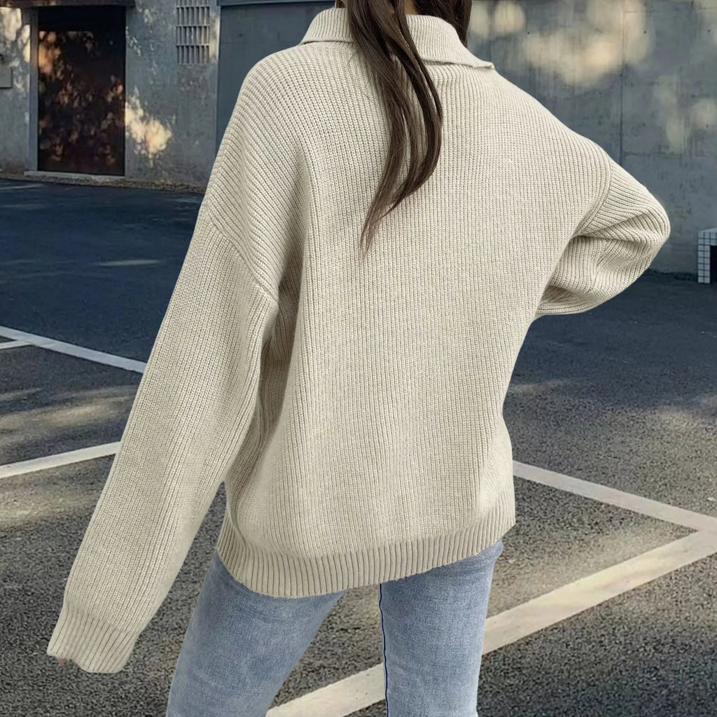Light khaki women's alpaca wool pullover sweater with oblique diagonal zipper and loose lapel collar