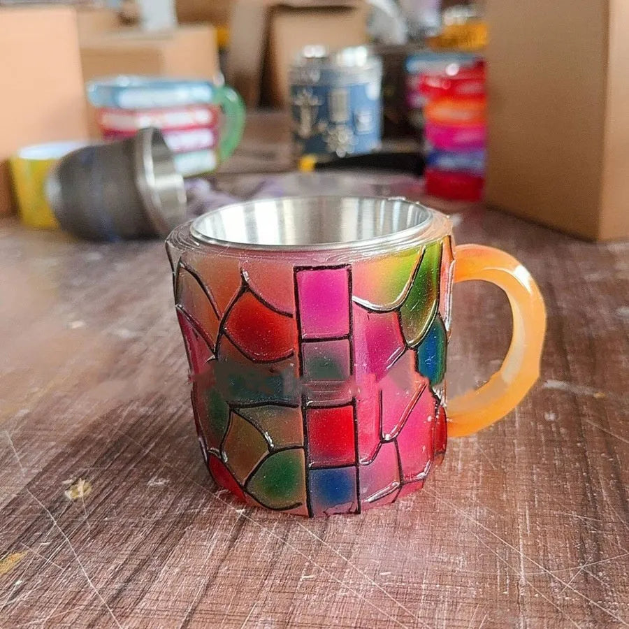 Hand-painted resin decorative cup ornament with library design, 13cm tall.